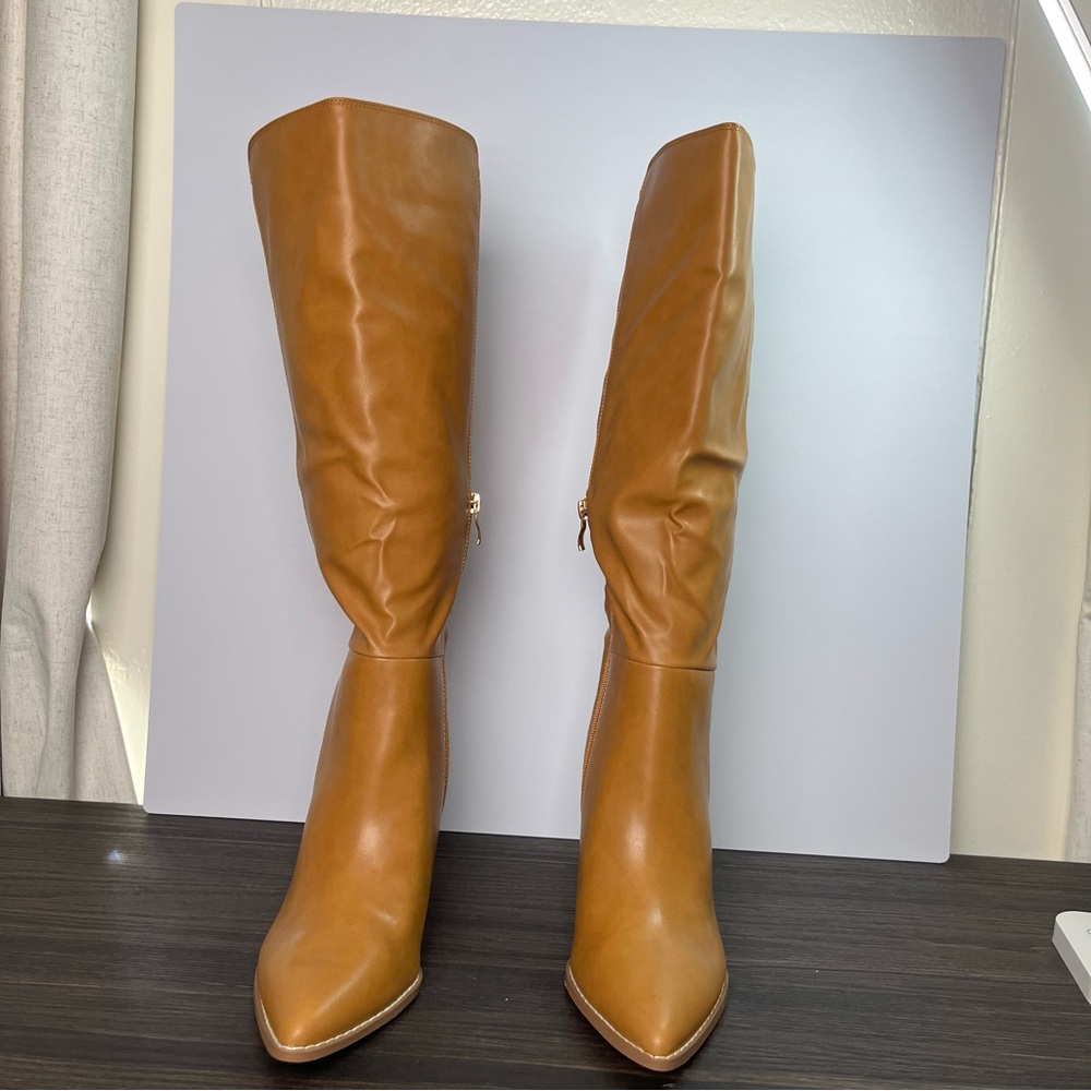 Heeled pointed toe knee high boots rich caramel tan leather western ranch boho